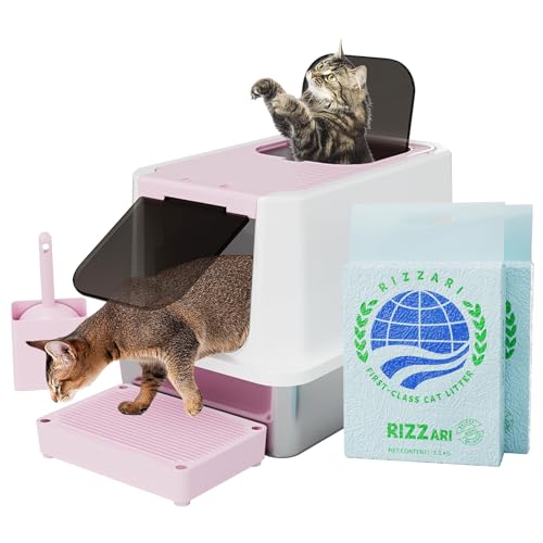 RIZZARI Enclosed Cat Litter Box: All Black Stainless Steel Odorless Cat Box - Top-Entry Design - Large Capacity Leak Proof Litter Pan for Cats - Teflon Non-Stick Coating - for Living Room Be