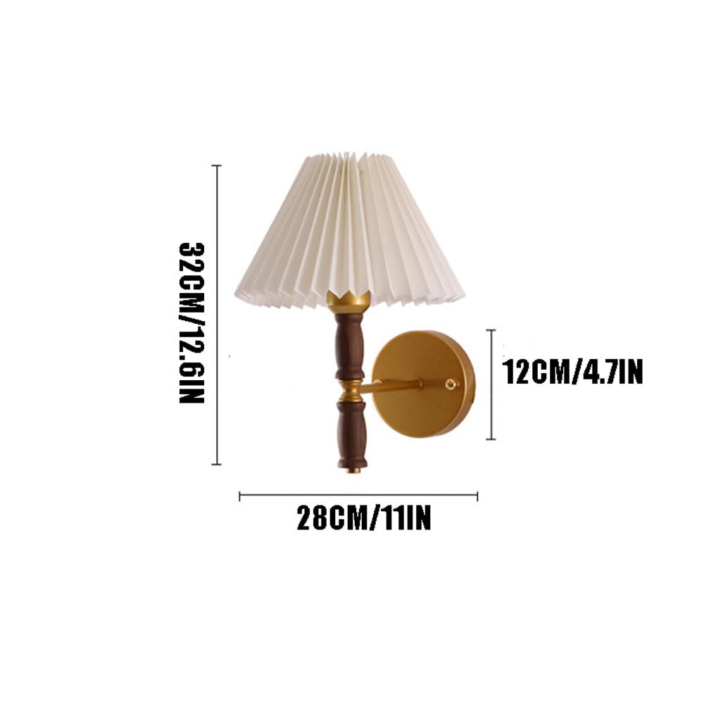 ICEMOB Retro plisowana tkanina, kinkiet LED, korpus orzecha włoskiego z mosiężną głowicą lampy, lampa nocna do sypialni w stylu kremowym
