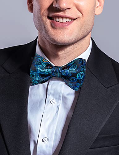 Image of DiBanGu Men Bow Tie Paisley Striped Self-Bow Tie for Men and Silk Woven Bowtie Pocket Square Cufflinks Wedding Party