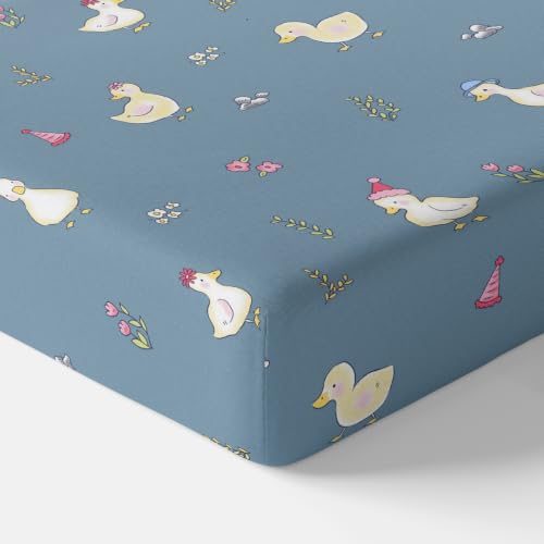 Image of LORETO - A QUALITY LINEN BRAND 144 TC 100% Pure Cotton Double /Queen Fitted Bedsheet with 2 Pillow Covers for 72 x 60 Inch Mattress, All-Around Elastic, 8 Inch Deep Pocket, Pastel Blue Duck Party