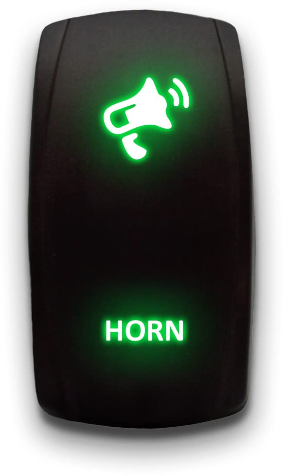 Horn - Green - Laser Etched Momentary Toggle Switch 20A 12V - Vertical Rocker Switch 5-Pin DPST