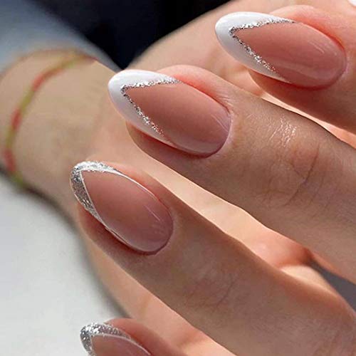 French Fake Nails Bling Press on Nails Short Acrylic 24PCS False Nails Tips Party Christmas Nails for Women and Girls