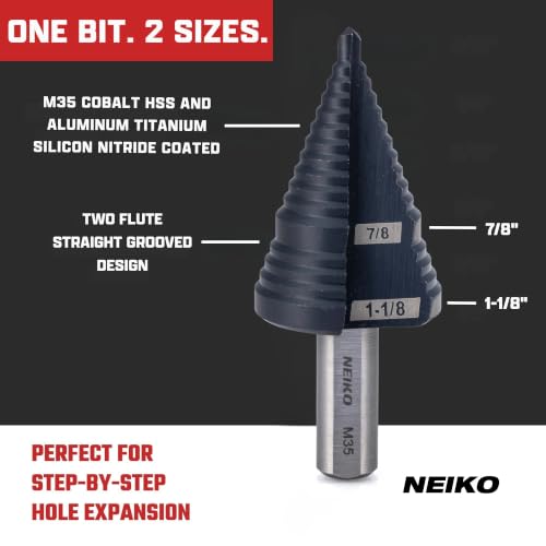Image of NEIKO 10626B Step Drill Bit, 2 Steps 7 /8 inch to 1-1 /8 inch Straight M35 Cobalt, AlTiSiN Coated, 3 /8 inch Tri-Flat Step Bits for Steel, Metal, Wood, Plastic, Unibit Cone Drill Bits, Two Flute