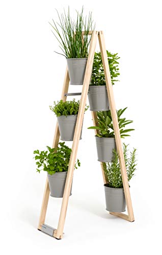 Pflanzleiter, Blumenregal, Blumenleiter, Kräutertöpfe 2 in 1, kann frei Stehen oder hochgestellt an Einer Wand lehnen (Steingrau) Cover