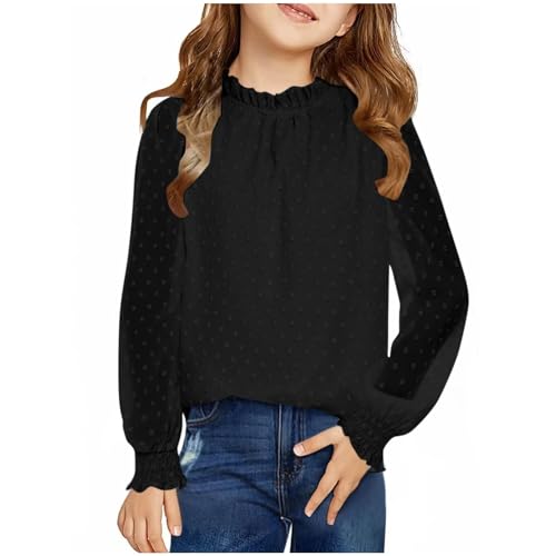 Girls Long Sleeve Chiffon Shirts Polka Dot Frill Neck Casual Loose Blouses Puff Pleated Formal Tee Comfortable Top