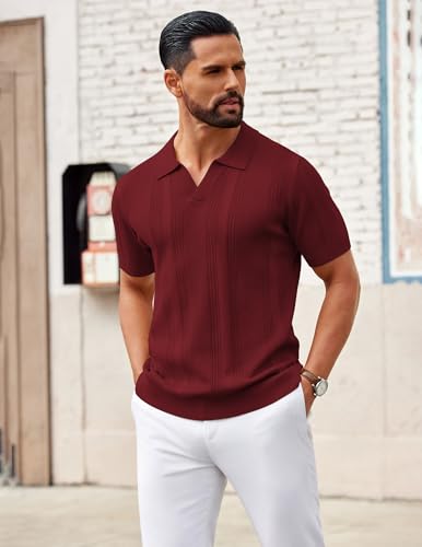 Image of COOFANDY Mens Knit Polo Shirts V Neck Textured Polo Shirts Short Sleeve Breathable Polo Casual Collared T Shirt Fashion Tops