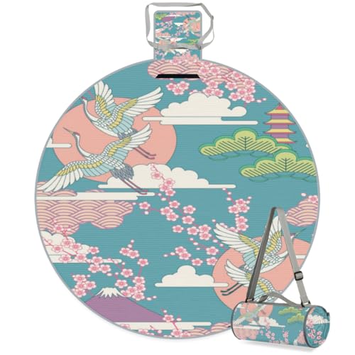 Shimoshe Crane Japanese Pattern Picnic Outdoor Blanket Foldable Waterproof Sandproof Beach Blanket Portable Water-Resistant Round Picnic Mat for Travel Camping Park Lawn