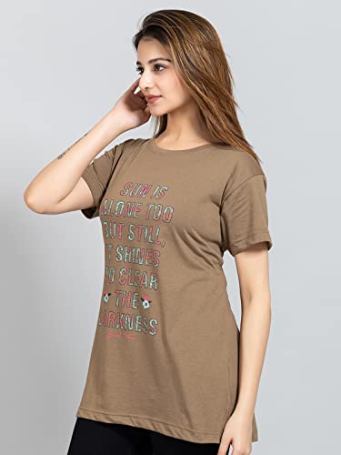 Image of Magknit Fancy Printed Both Side Cut Cotton Blend Half Sleeves and Lightwiegt Trendy Summer Long T Shirt for Women
