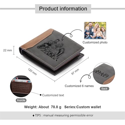 Personalized Dad Wallet Custom 2-6 Name Father Wallets with Kid Name Photo Wallet for Dad Birthday Father Day Christmas Gift (Photo+6 Name(Grey))2