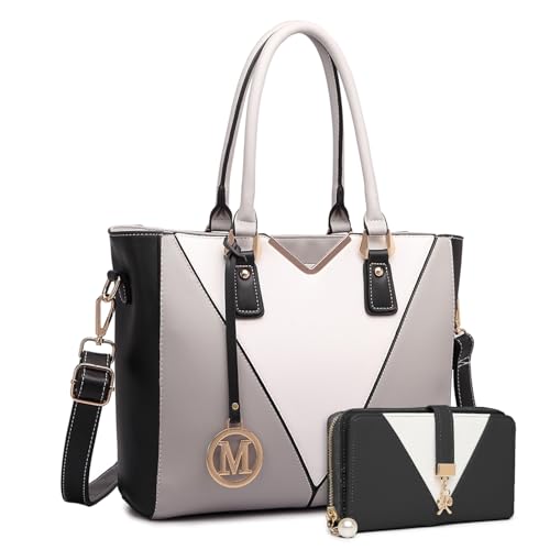 Miss Lulu Look - Bolso de mano en forma de V con monedero para mujer, cartera larga de hombro, tricolor, 2 piezas, ligero, mediano, piel sintética, Juego de bolso gris y bolso negro Miss Lulu Look - Bolso de mano en forma de V con monedero para mujer, cartera larga de hombro, tricolor, 2 piezas, ligero, mediano, piel sintética, Juego de bolso gris y bolso negro