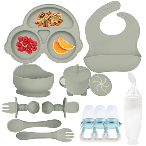 Image of Silicone Baby Feeding Set,Miicasa Baby Led Weaning Supplies Kit With Suction Bowl & Car Plate, Bib, Spoon, Fork, Cup - Food-Grade Silicone, Dishwasher-Safe, No BPAs - For 3+ Months