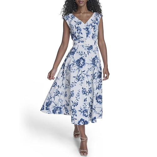 Image of Calvin Klein Women's Sleeveless V-Neck Belted A-Line Midi Dress