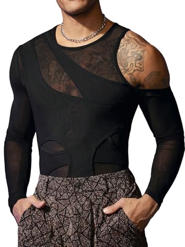 WDIRARA Men's Cut Out Cold Shoulder mesh Solid Round Neck Long Sleeve tee Shirts