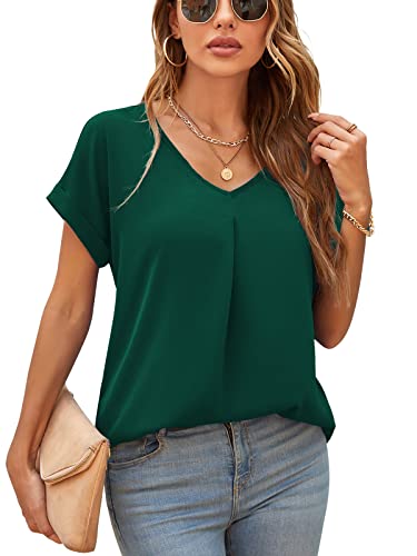 Yommay Blusas de verano para mujer, elegantes, informales, de manga corta, de gasa, blusas para mujer, verde oscuro, XL