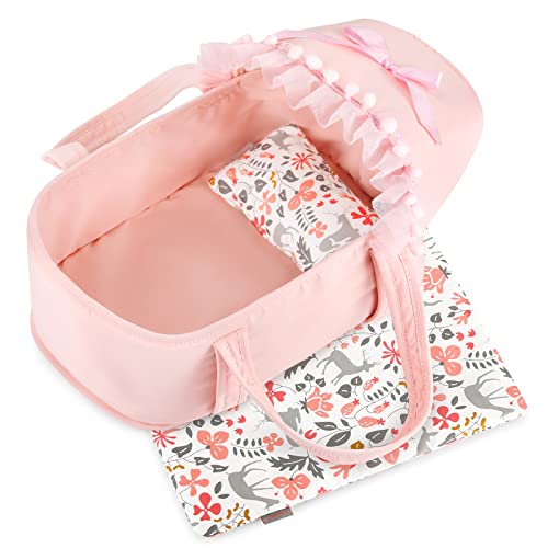 GAGAKU Baby Doll Bassinet, Doll Carrier Doll Carry Cot Set with Canopy and Pillow Blanket for 9 10 11 12 Inch Dolls Stuffed Animals - Pink - Thumbnail 6