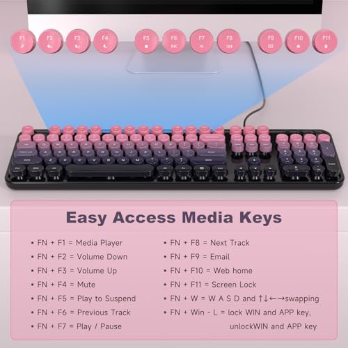 Image of MOWUX Computer Keyboard Wired, Plug and Play USB Retro Round Typewriter Keyboard, Full Size Wired Keyboard with Foldable Stands for Laptop and Office PC- Sea Blue Gradient