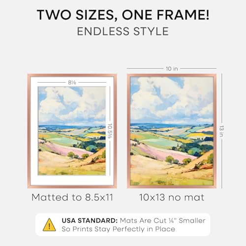 Image of Homeforia 10x13 Picture Frame Rose Gold, High End Metal 10x13 Wall Hanging Frame with Mat 8.5x11, 10 x 13 Poster Frames Matted to 8.5 x 11 inch Photo, 10by13 Frames, Tempered Glass, Wall Kit, Set of 1