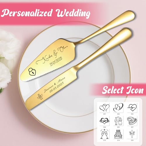 Personalized Cake Cutting Set for Wedding with Names Text Custom Cake Knife and Server Set for Newlyweds Weddings Anniversaries and Special Occasions (Gold) - Image 6
