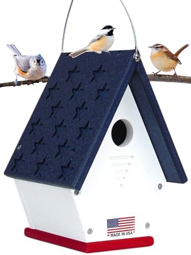 best birdhouses for warblers that will transform your backyard experience 4 JCs Wildlife Recycled Poly Lumber Wren Chateau Birdhouse - Made in The USA - Perfect Garden and Backyard Birdhouse for Wrens, Chickadees, and Warblers! (White/Red/Blue Stars Roof)