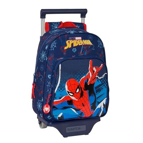 Safta SPIDERMAN NEON - Mochila Infantil con Carro 705, Ideal para Niños de Diferentes Edades, Cómoda y Versátil, Calidad y Resistencia, 27x10x33 cm, Color Azul Marino