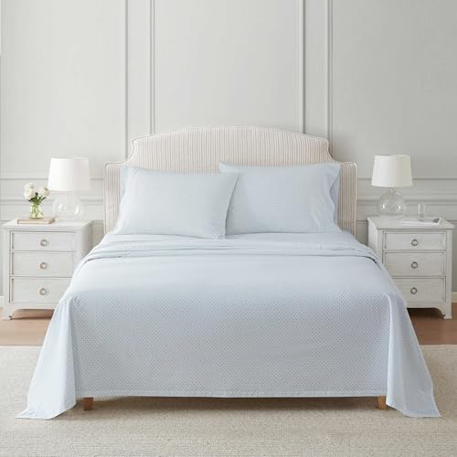 Image of Martha Stewart - Full Size Sheets Set, Crisp & Tailored Cooling Sheets with a Naturally Smooth Cotton Percale Lightweight Feel - Bed Sheets with Matching Pillowcases & Fitted Sheet (Polka Dot Blue)