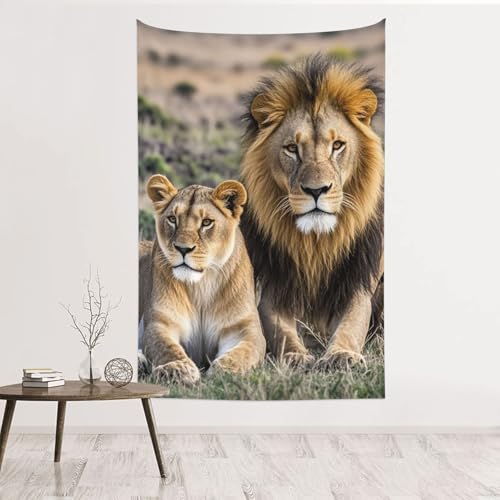 Tapisserie murale lion grand format pour habiller un mur blanc sans peinture ni perçage