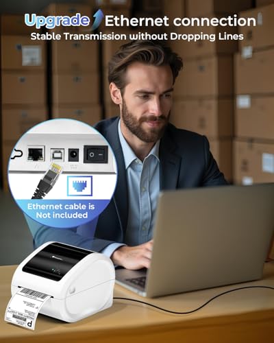 Image of Phomemo Ethernet Thermal Label Printer, 300Dpi Shipping Label Printer for Small Business, Home, Office, Wireless Thermal Printer Compatible with Ethernet /Bluetooth /USB, UPS, USPS, White