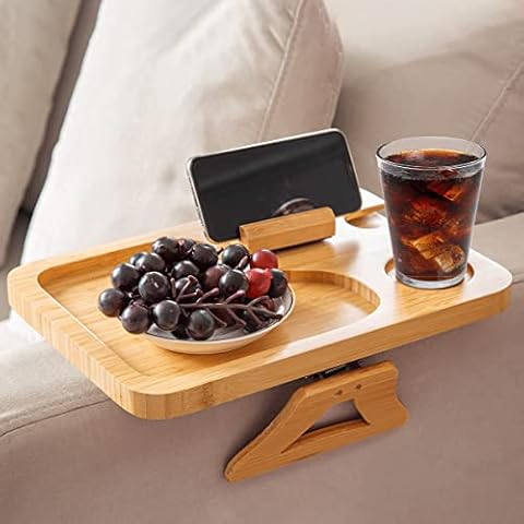 GEHE Bamboo Sofa Tray with Removable Phone Stand - Wooden Sofa Arm Table Holder for Food, Snack, Drinks - Durable & Portable, Suitable for Cups, Glasses, Remote, Phone Cover