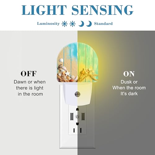 Image of Night Light Plug into Wall Shells and Blue Wooden Planks Night Light with Dusk to Dawn Sensor Night Light for Kid Girls Boys Women Men Room Decor, Hallway, Kitchen, Bathroom, Nursery, Stairs