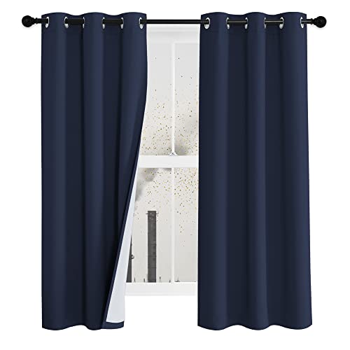 NICETOWN Bedroom Full Blackout Breathing Protection Curtain Panels, Filter Dust, Super Thick Insulated Draperies with Noise Absorb Liner for Short Window(Navy Blue, Set of 2, 42 by 63-inch)