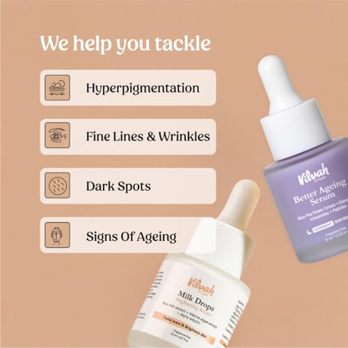 Image of Vilvah Store AM PM Face Serum Combo | Milk Drops Serum and Better Ageing Serum | Skin Brightening, Even Skin Tone, Anti-Ageing, Wrinkle Repair | Rice Milk Extract and Blue Pea Flower | 20ml + 20ml