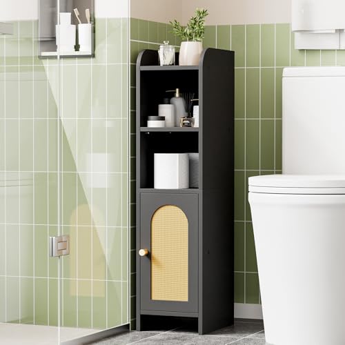Image of Homhedy Rattan Small Bathroom Cabinet with Door, Narrow Toilet Paper Storage Cabinet, Skinny Corner Floor Cabinet with Adjustable Shelves, for Bathroom, Small Spaces, 9.8" D x 7.9" W x 31" H, Black