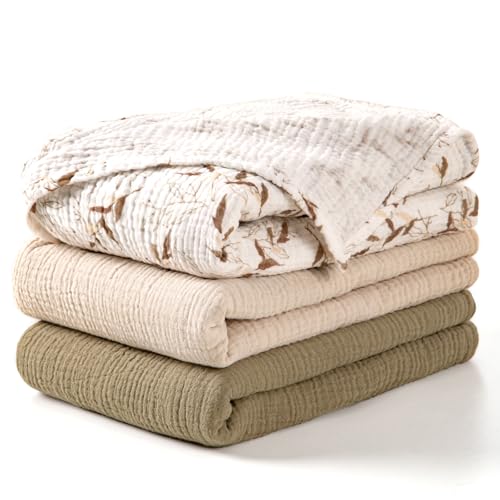 Image of lulumoon Muslin Swaddle Blankets for Baby: Lightweight & Breathable Receiving Blankets for Hospital - Neutral Registry Gift for Newborn 3pack (Olive Branches)
