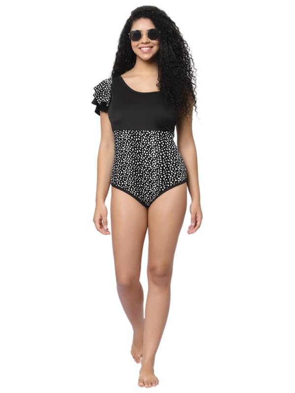 CUKOO Padded Shoulder Frill Black Printed Swimwear 2