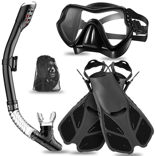 Yakiter Snorkeling Gear Set, Anti-Fog and Leak-Proof 180°Panoramic Diving Mask, Dry-Top Snorkel, Fins, Storage Bag, Snorkel Set for Swimming, Snorkeling, Traveling Diving (Black, L/XL 42-47)