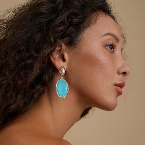 HZMAN Bohemian Turquoise Earring for Women Retro Cubic Zirconia Geometric Dangle Drop Earring Statement Jewelry Gift (Large Oval) by HZMAN - Used condition - Image 3