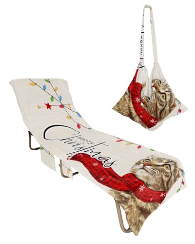 Red Cat Christmas Beach Lounge Chair Towel Cover, Soft Chaise Lounge Towel with Side Pockets Patio Pool Chairs Cover for Beach/Pool Sunbathing 29x85 Xmas Merry Christmas Rustic