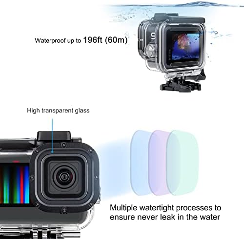 SOONSUN Waterproof Case for GoPro HERO 11 / 10 / 9 Black with 4-Pack Diving Filter - 60M Underwater Protective Housing Case for GoPro HERO11 10 9 Black with Red, Light Red, Magenta, 5x Macro Filters