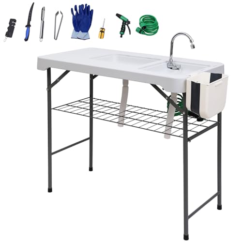 Nice C Fish Cleaning Table, Fish Cleaning Table with Sink, Camping Sink, 42.5'' Camping Table, w/Dual Universal Faucet & Spray, Drainage Hoses, Grid Rack, Basket, Toolkit for Picnic, Camping