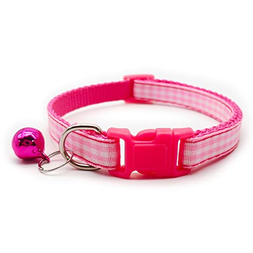 Small Dog Puppy Pet Collar Check Checkered Design with Bell Nylon Adjustable Size 19-32cm Pink - Image 2