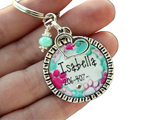 Personalized Custom Dog ID tag with name and phone number, your choice of charm and 1-3 colors (hot pink and aqua shown)
