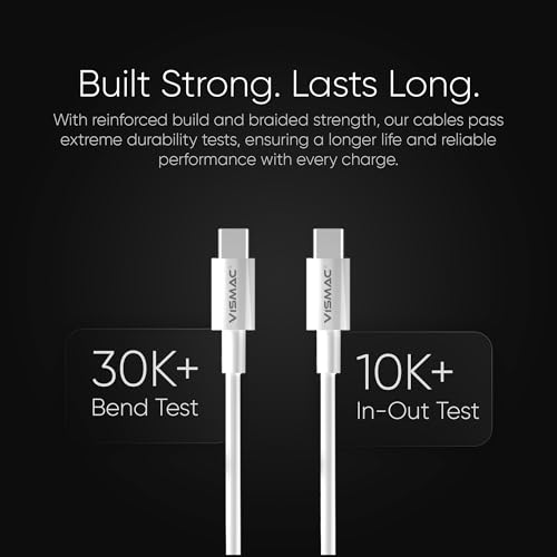 Image of Vismac Type C to Type C Cable, 60W Fast Charging Support,1M Durable PVC Build, High-Speed Data Transfer & Safe Power Delivery for All USB-C Devices (White)