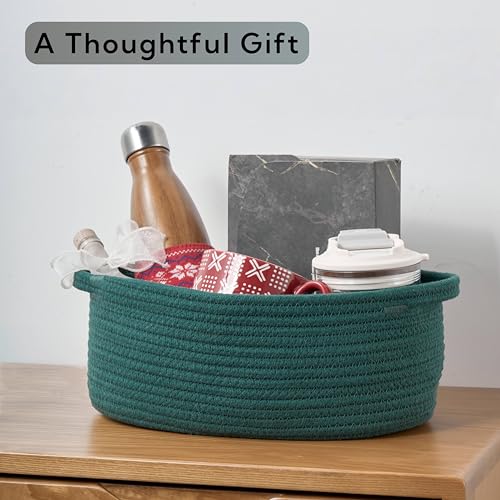 Image of Small Woven Gift Basket Empty with Bag & Ribbon - Gifts for Mom, Baby Shower, Birthdays & Raffle - Cotton Rope Storage Basket for Dog Toys or Shelf - 12 inchx8 inchx5 inch, Green