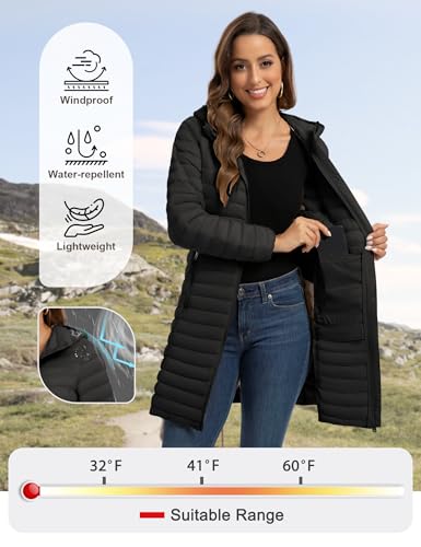 Royal Matrix Packable Puffer Jacket for Women: Stylish Black Long Coat in XL Perfect for Travel - Image 3