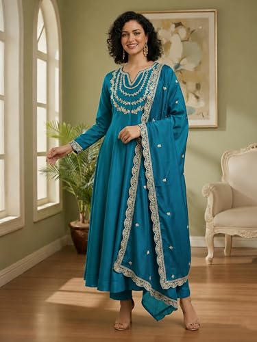Image of Yashika Women's Silk Blend Embroidered Anarkali Kurta Set with Dupatta | Full Length Ethnic Wear for Women | Wedding