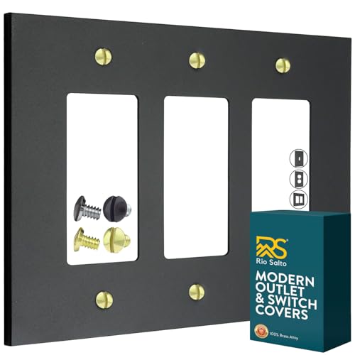 Rio Salto Forge Collection Matte Black Triple Rocker Wall Plate 3 Gang – Heavy-Gauge Metal Light Switch Cover 6.94" x 5" with Gold & Black Screws – Modern Decorative Wall Plates