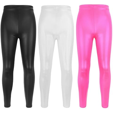 BGMINGYI Pack of 3 Girls Dance Leggings Gymnastic Shiny Metallic Long Pants Athletic Activewear for 4-15 Years (US, Age, 7 Years, 8 Years, Black Sliver Rose) Cover