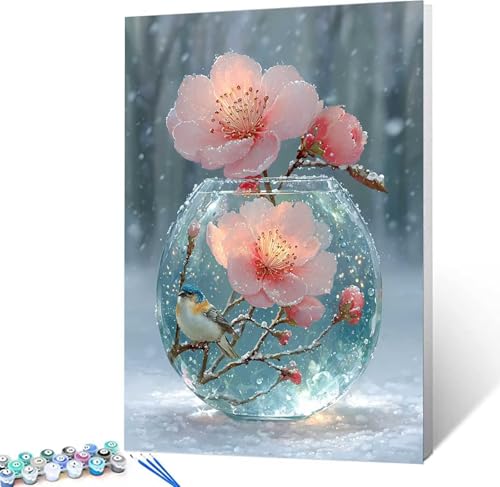Flor Pintar por Numeros Adultos, Cuadros para Pintar por Numeros Escena De Nieve, DIY Kit Manualidades Adultos con 3 Pinceles, Paint by Numbers Adult para Decoracion Hogar Regalo 30x40cm 0-3414