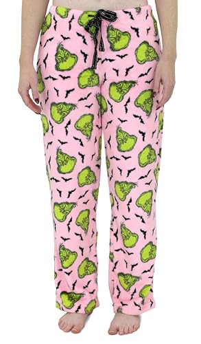 Dr. Seuss Womens GRINCH and Max Soft Fleece Plush Pajama Pants Light Pink Small