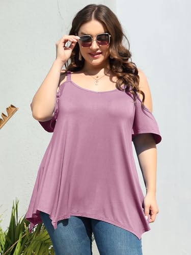 Image of LARACE Cold Shoulder Tops for Womens Summer Clothes Spaghetti Strape Tunic Oversized Shirts Asymmetrical Plus Size Blouse